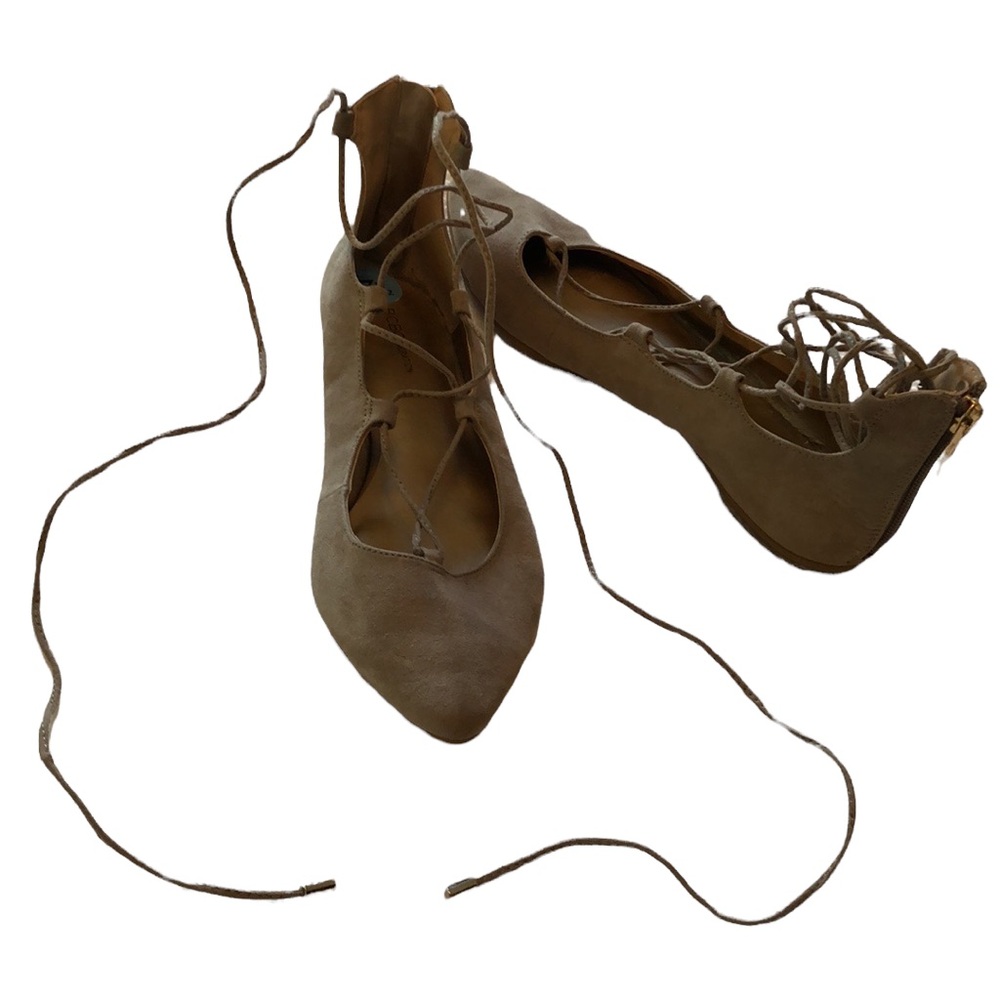 BCBG Generation Tan Faux Suede Tie-up Flat Shoes with Pointed Toe
